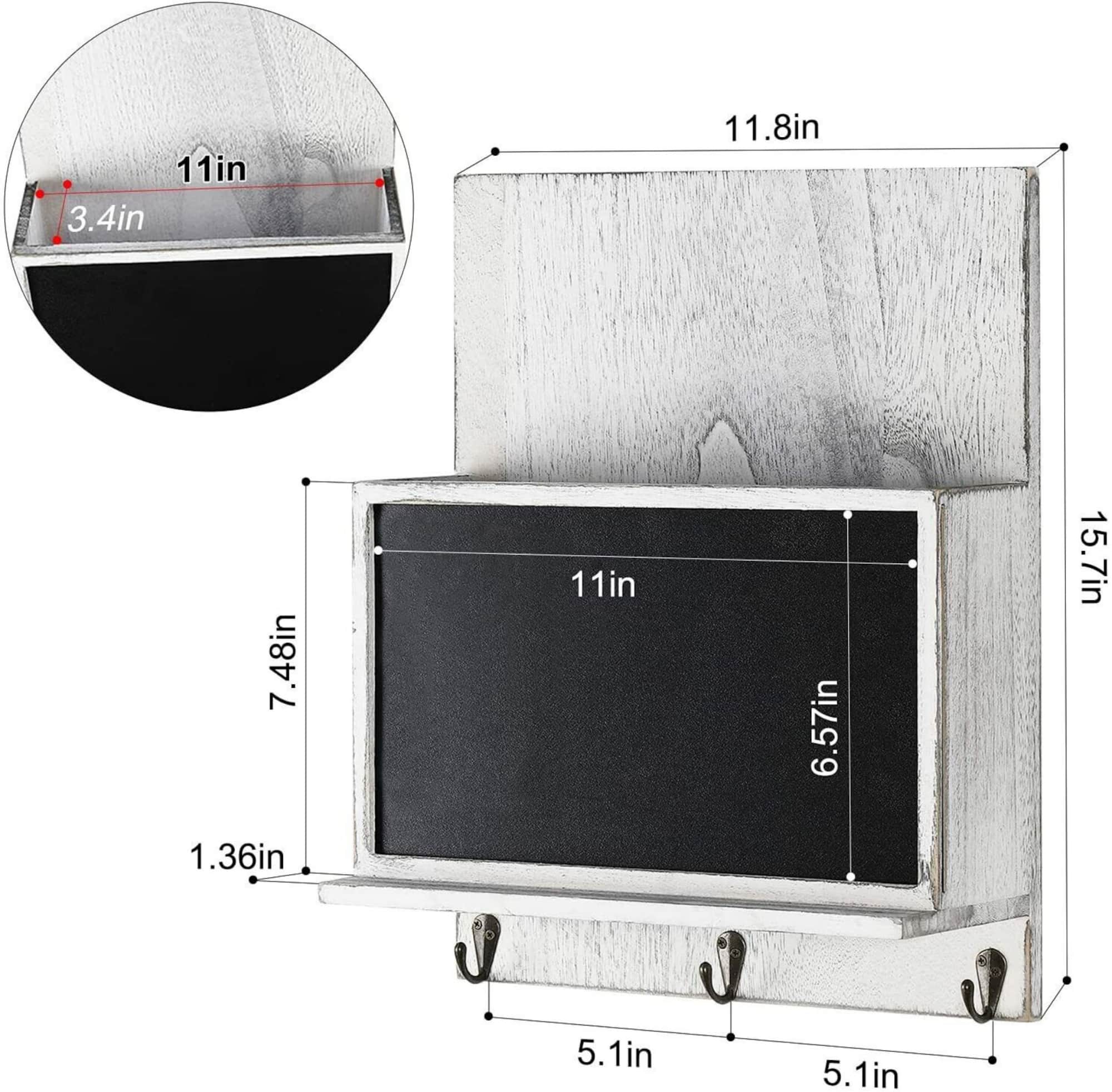 NEX™ 16" Gray White Wall-Mounted Key & Mail Holder with Chalkboard